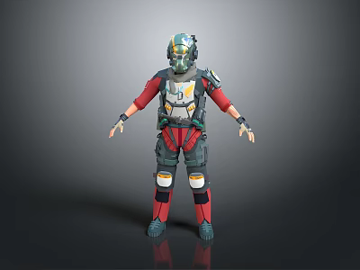 Futuristic Armored Character With Green Gold Helmet And Red Gray Body Armor 3d model