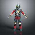 Futuristic Armored Character With Green Gold Helmet And Red Gray Body Armor