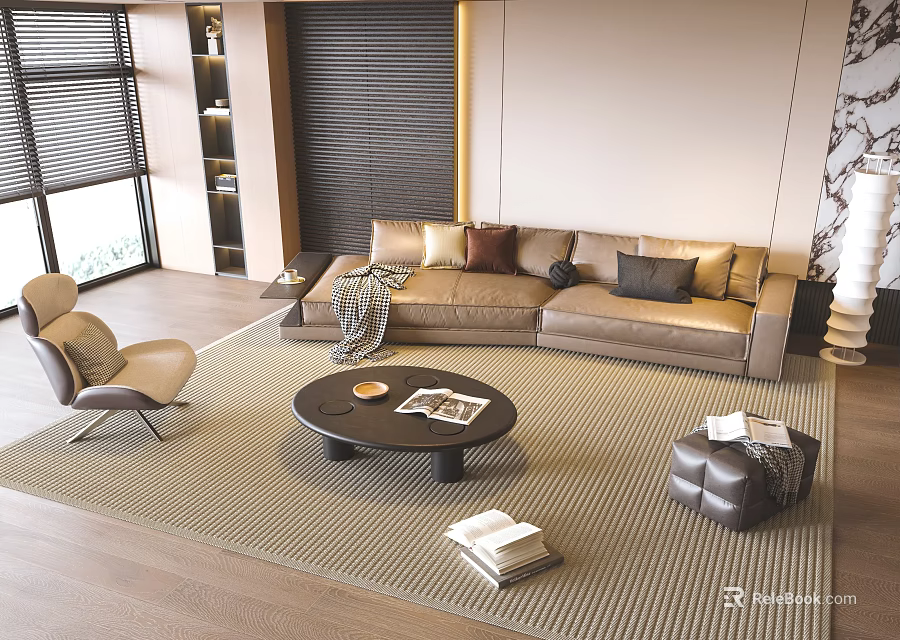 Modern Sectional Sofa and Coffee Table Set with Beige Upholstery Throw Pillows Round Table Magazines 3d model 