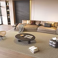 Modern Sectional Sofa and Coffee Table Set with Beige Upholstery Throw Pillows Round Table Magazines
