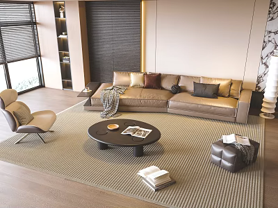 Modern Sectional Sofa and Coffee Table Set with Beige Upholstery Throw Pillows Round Table Magazines 3d model