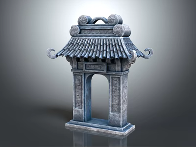 Chinese Traditional Stone Entrance Gate with Ornate Tile Roof and Intricate Carved Patterns 3d model