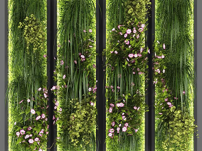 Green Plant Wall with Various Greenery Pink Blossoms and Indoor Decorative Design 3d model