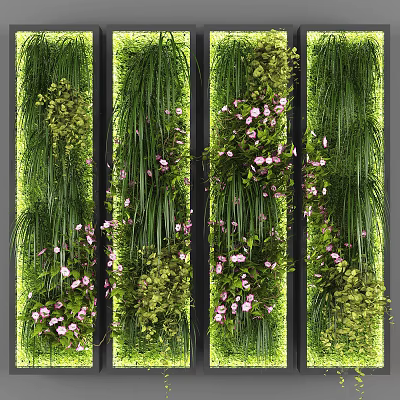Green Plant Wall with Various Greenery Pink Blossoms and Indoor Decorative Design 3d model