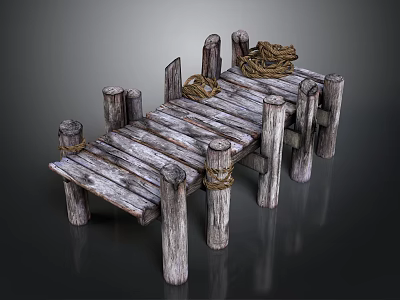 Wooden Dock Structure With Weathered Planks And Coiled Ropes On Wooden Posts 3d model