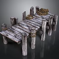 Wooden Dock Structure With Weathered Planks And Coiled Ropes On Wooden Posts
