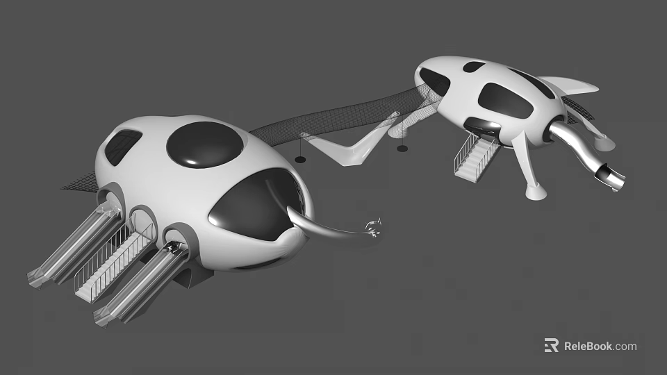 Futuristic Egg Shaped Building Components with Stairs and Connecting Tracks 3d model