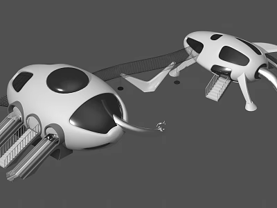 Futuristic Egg Shaped Building Components with Stairs and Connecting Tracks 3d model