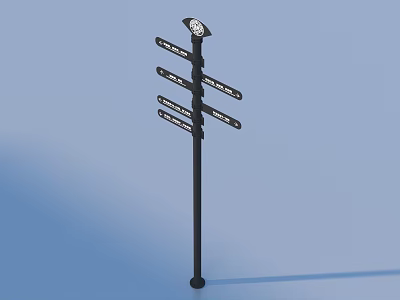 Black Metal Signpost With Multiple Directional Signs And Top Light Fixture 3d model
