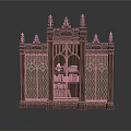Ornate Carved Bookcase With Gothic Spires Glass Doors And Books Inside