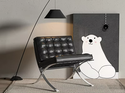Black Leather Tufted Single Sofa with Metal Legs Gray Wall Floor Lamp Polar Bear Painting 3d model