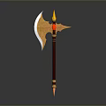 Mythical Ornate Battle Axe Featuring Golden Blade Red Handle And Decorative Details