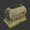 Rusted Metal Tank Model With Green Base And Cylindrical Industrial Design Features