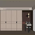 Modern Textured Beige Wardrobe Interior With Brass Handles Wooden Wall And Dressing Table