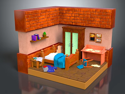 Colorful Cartoon Room Scene with Brick Wall Bed Shelf Wardrobe Desk And Scattered Toys 3d model
