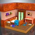 Colorful Cartoon Room Scene with Brick Wall Bed Shelf Wardrobe Desk And Scattered Toys