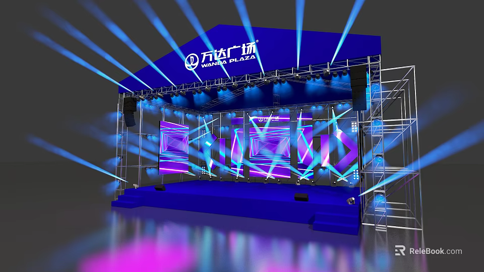 Wanda Plaza Stage Scene With Blue Backdrop LED Screens And Stage Lighting 3d model 
