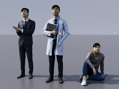 Three Men in Business Suit Doctor Coat with Folder and Casual Clothes Standing and Sitting 3d model