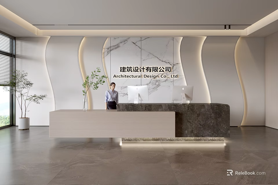 Modern Front Desk Reception Interior For Architectural Design Company With Marble Counter 3d model 