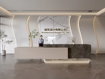 Modern Front Desk Reception Interior For Architectural Design Company With Marble Counter 3d model