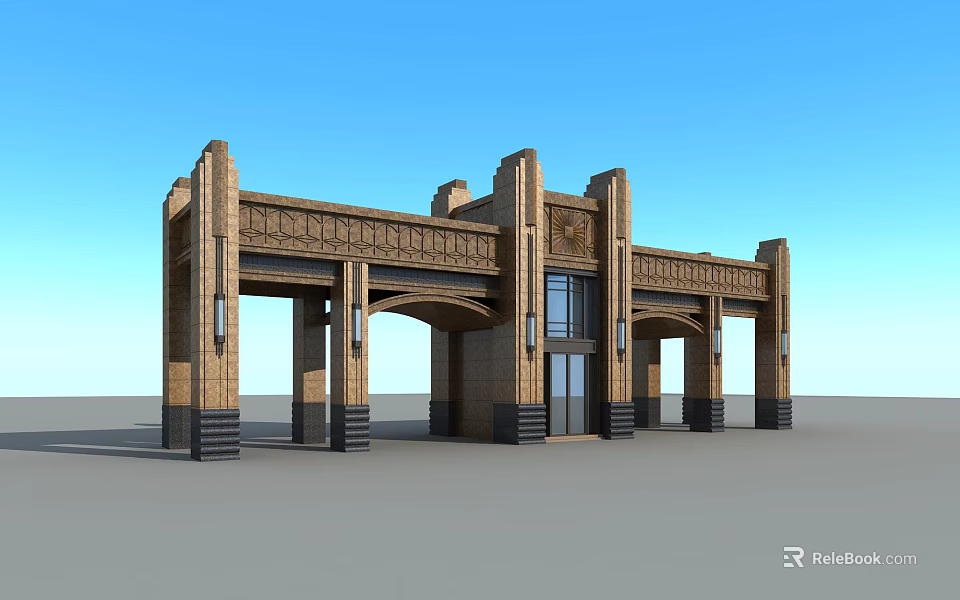 Grand Entrance Gate With Ornate Carvings Multiple Arches And Classical Architectural Design 3d model 