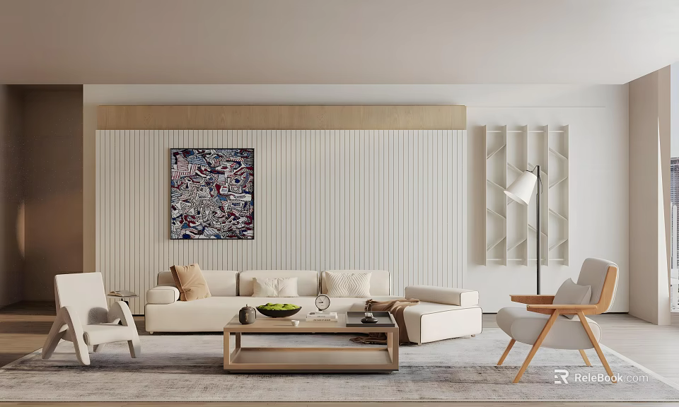 Modern Living Room Interior With Beige Sofa Wooden Coffee Table Decorative Painting And Floor Lamp 3d model 
