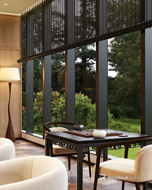 Functional Table with Tea Set in Interior Featuring Large Windows and Lush Garden View 3d model