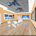 Modern Tech Exhibition Hall Interior With Orange Walls Blue Ceiling Decor And Interactive Pods 3d model