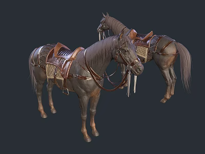 Two Brown Horses With Leather Saddles And Reins Standing Side By Side 3d model