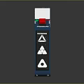 Blue And White Warning Device Featuring Red Button Display Screen Yellow Black Stripes And Signs