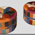 Colorful Round Velvet Stools With Patchwork Design And Tufted Buttons On Striped Base 3d model