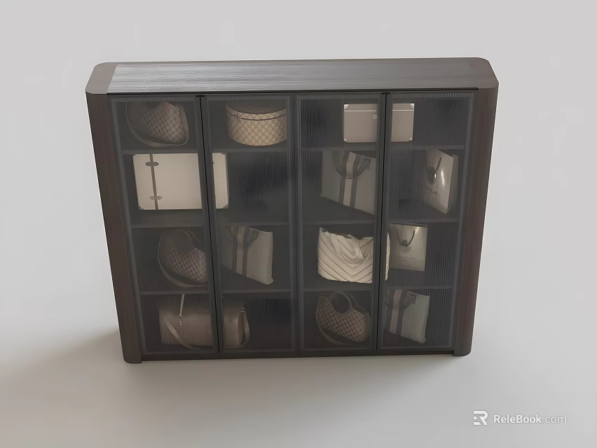 Modern Dark Wooden Wardrobe With Glass Doors Multiple Shelves Storage Baskets And Boxes 3d model 