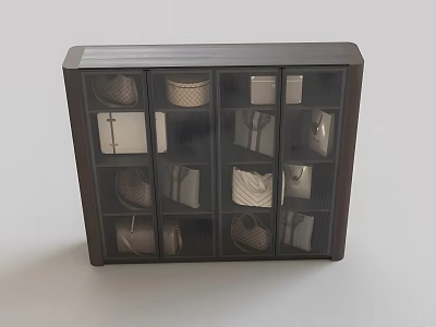 Modern Dark Wooden Wardrobe With Glass Doors Multiple Shelves Storage Baskets And Boxes 3d model