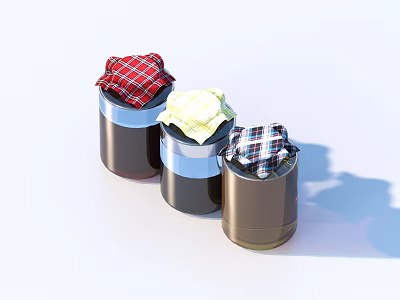 Three Metal Storage Jars With Colorful Plaid Cloth Covers On White Surface 3d model Three Metal Storage Jars With Colorful Plaid Cloth Covers On White Surface 3d model