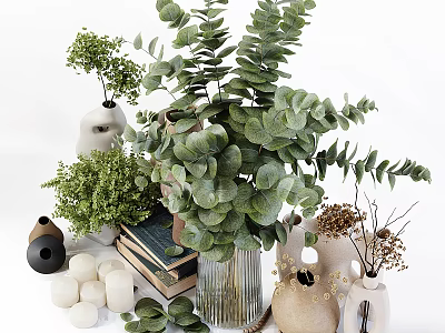Decorative Ornament Combination Featuring Green Plants Vases Stacked Books And White Candles 3d model