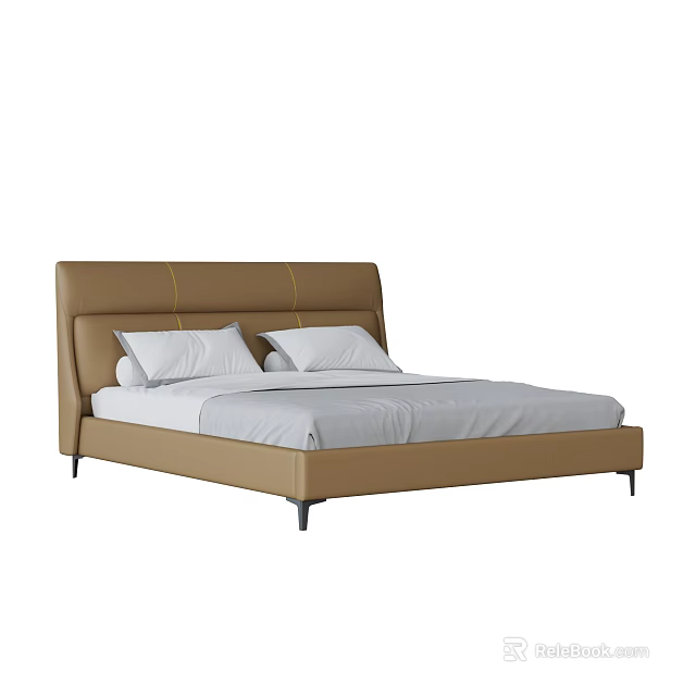 Modern Brown Leather Double Bed With Stitched Headboard White Pillows Gray Sheet 3d model