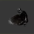 Winged Humanoid Sculpture In Metallic Finish Squatting With Spread Wings On Reflective Gray Surface