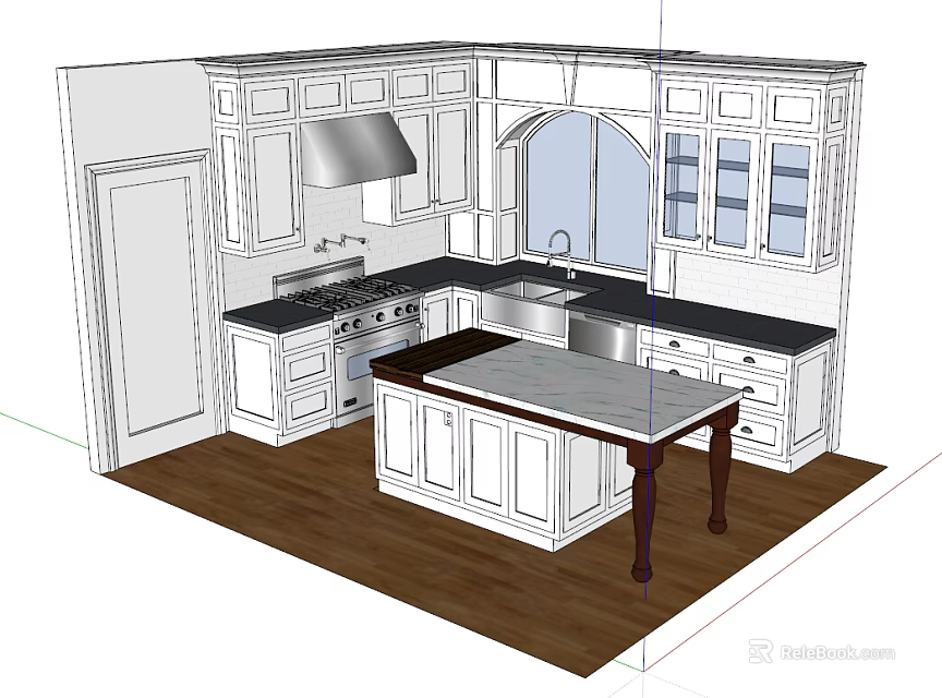 Modern Kitchen Design With White Cabinets Island Counter Sink And Wooden Floor 3d model 