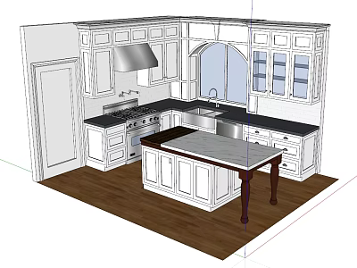 Modern Kitchen Design With White Cabinets Island Counter Sink And Wooden Floor 3d model