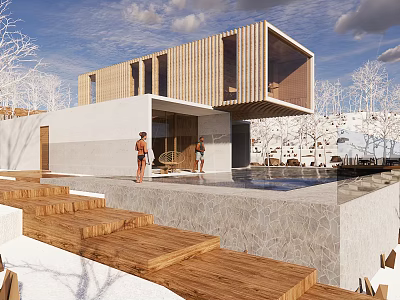 Boutique Villa Modern Wooden And White Exterior With Swimming Pool Wooden Steps And Natural Surroundings 3d model
