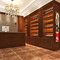 Elegant Liquor Store Interior With Wooden Wine Racks Chandeliers And Displayed Bottles