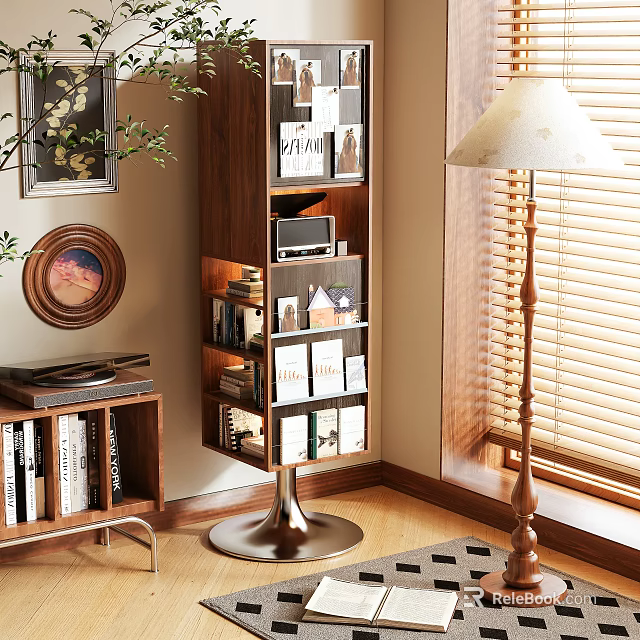Modern Wooden Multi Tiered Storage Shelf With Books And Decor In Living Room 3d model 