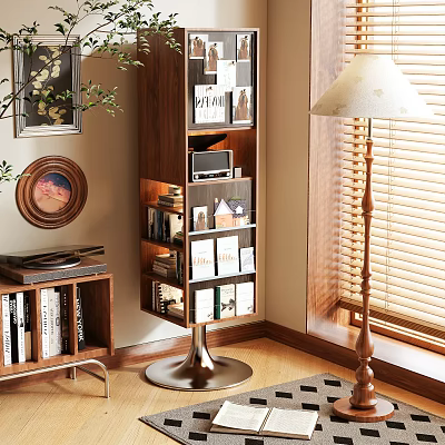 Modern Wooden Multi Tiered Storage Shelf With Books And Decor In Living Room 3d model