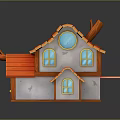 Cartoon Style Two Story House With Red Tiled Roof White Walls And Brown Door