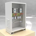 White Industrial Control Cabinet with Red Green Buttons Gauge and Ventilation Holes on Wooden Platform