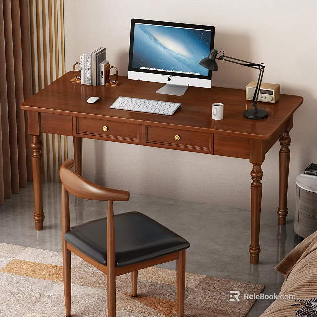 Wooden Desk and Chair Set with Computer Lamp Books Cup and Clock in Home Office 3d model 