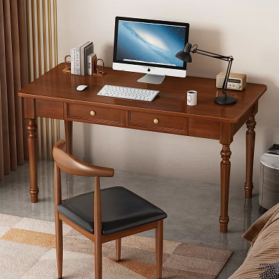 Wooden Desk and Chair Set with Computer Lamp Books Cup and Clock in Home Office 3d model
