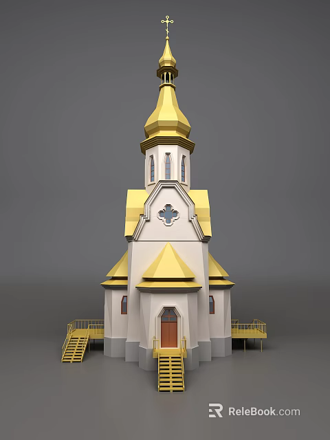 Religious Faith Inspired Church Building With White Exterior Golden Spire And Ornate Design 3d model 