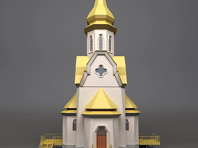 Religious Faith Inspired Church Building With White Exterior Golden Spire And Ornate Design 3d model