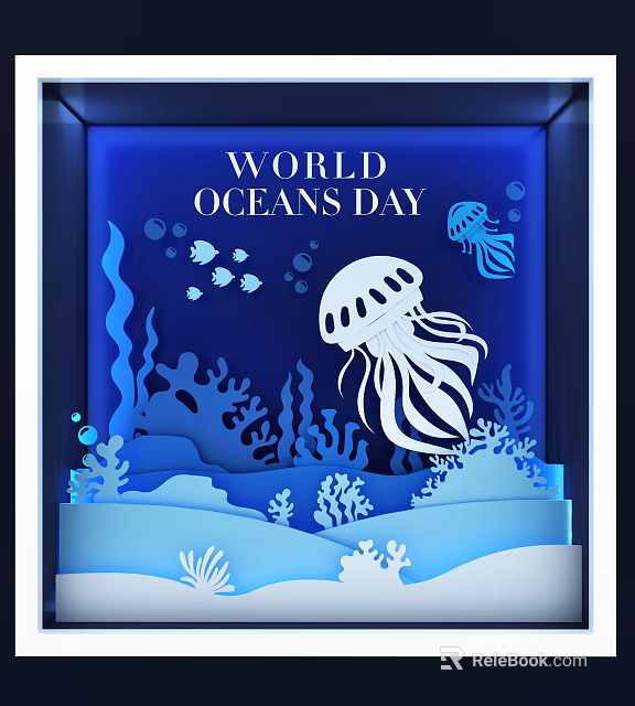 World Oceans Day Themed Window Display With Paper Art Jellyfish Fish Coral And Blue Tones 3d model 